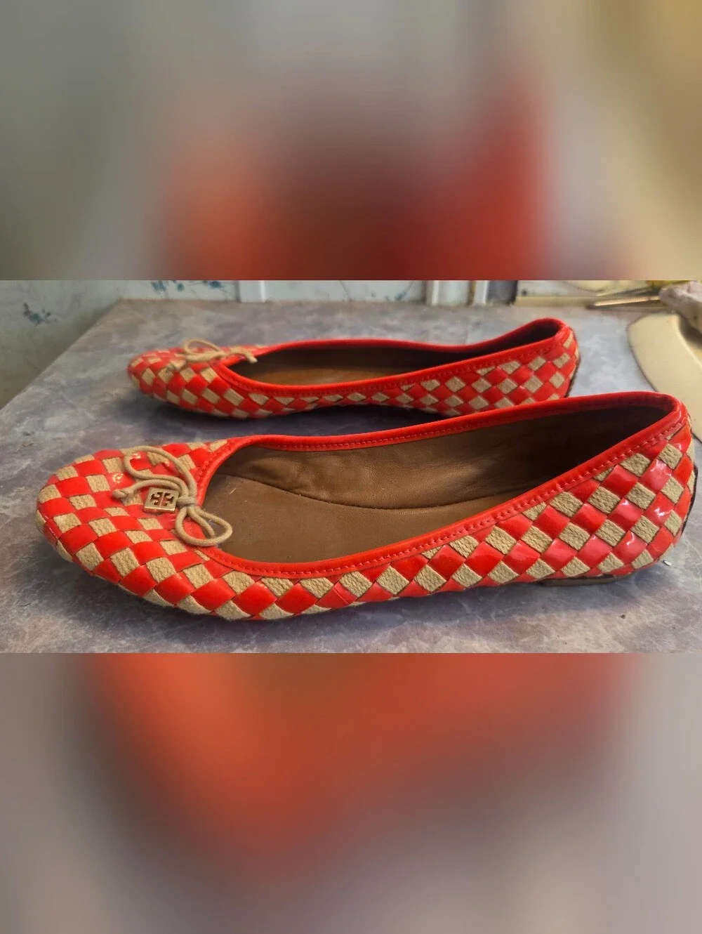 Tory Burch Orange Woven Leather Ballet Flats